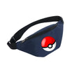 Pokeball design navy blue waist bag with adjustable black strap for casual or travel use.