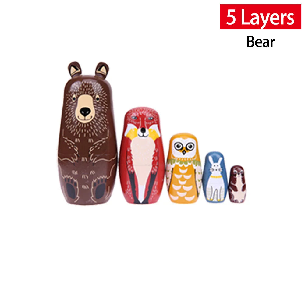 Bear-themed 5-layer wooden nesting dolls featuring hand-painted animal designs, perfect for decor or play.