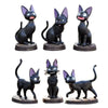 Six black cat action figure toys with purple ears and different poses, perfect for collectors and gift-giving.