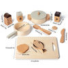 Kids wooden kitchen playset with pot, pan, spatulas, seasoning bottles, and play food for pretend cooking fun.