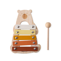 Wooden bear-shaped xylophone for kids with colorful bars and mallet, part of a children's musical instrument set.