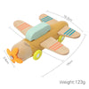 Wooden airplane toy with bright colors, spinning propeller, and dimensions displayed; ideal for kids' creative play and learning.