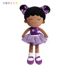 African American plush baby doll dressed in purple with bows, 38cm tall, made from soft, non-toxic, machine washable fabric.