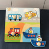 Montessori wooden puzzle with transport vehicles for toddlers, featuring a bus, plane, train, and boat.