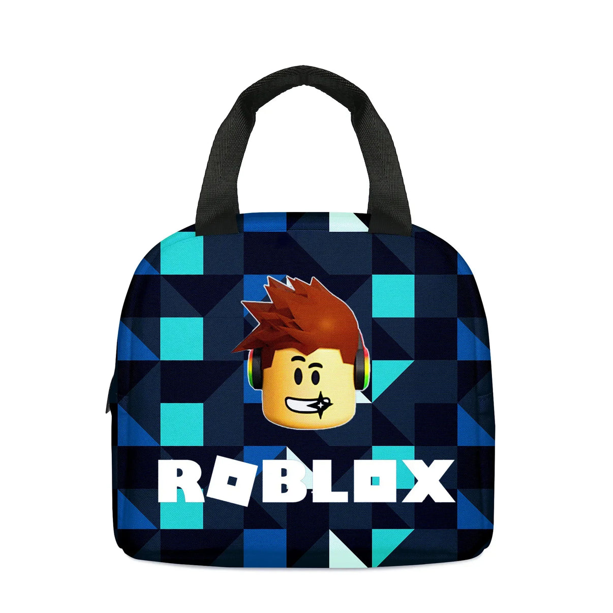 Roblox-themed shoulder bag with cartoon design on geometric blue background.