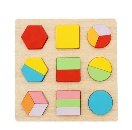 Wooden geometric puzzle with colorful shapes for kids' learning and pattern recognition.