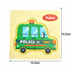 Montessori wooden puzzle with a cartoon police car design for toddlers measuring 10.2cm, enhancing early learning skills.