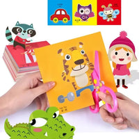 DIY cartoon scrapbooking kit with colorful designs and child-safe scissors for creative kids' art projects.