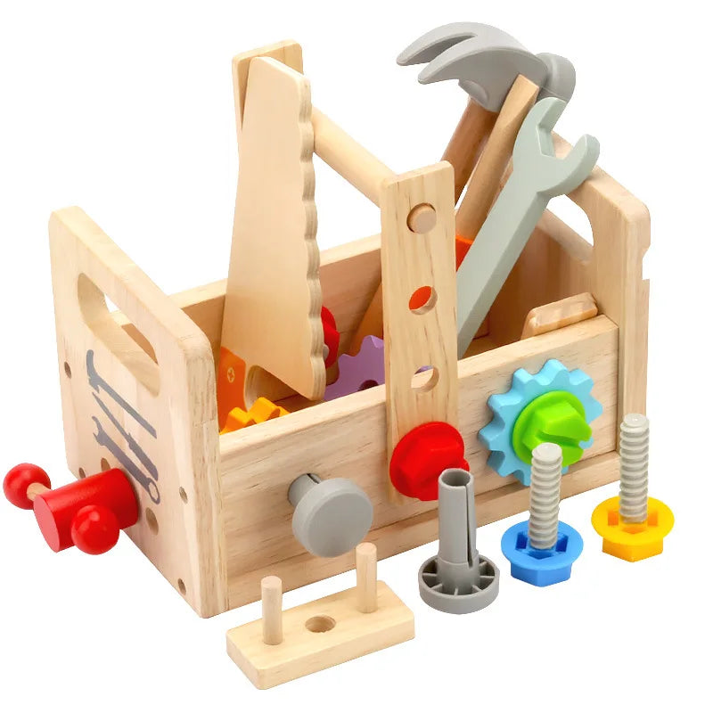 Wooden toolbox pretend play set with colorful tools for kids including hammers, wrenches, screws, and gears for educational fun.