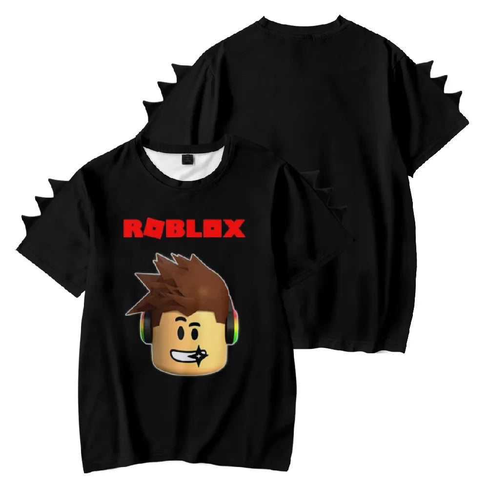 Black Roblox kids t-shirt with 3D dinosaur spikes and a vibrant game character design on the front.