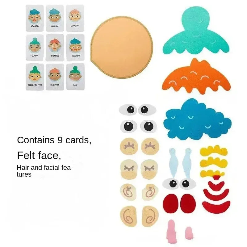 Montessori Emotional Expression Game with felt face parts and 9 emotion cards for preschoolers' social-emotional learning.