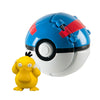 Blue Pokemon Pokeball with a Psyduck figure toy, made of durable ABS and PVC materials. Ideal collectible for Pokemon fans.