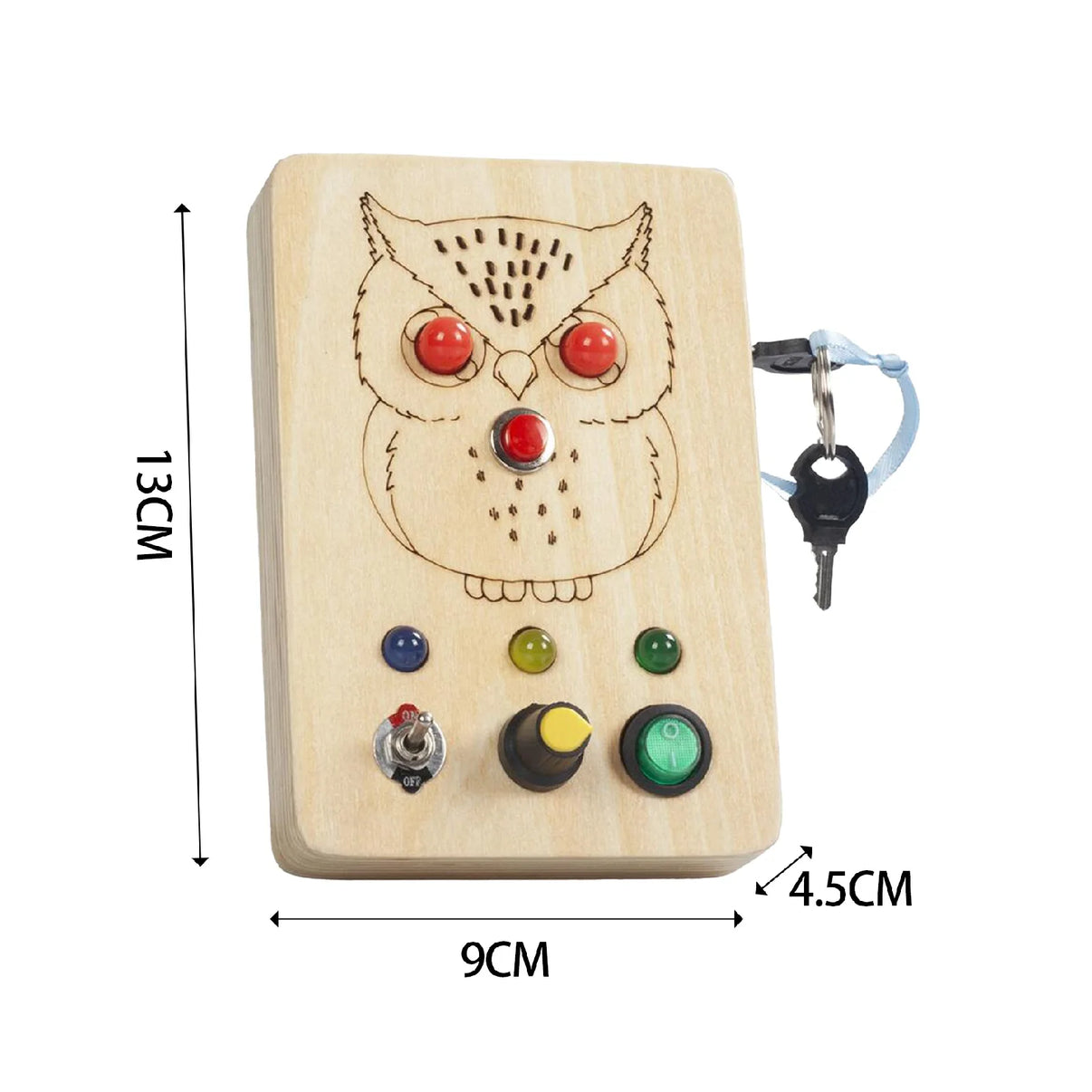 Montessori busy board with owl design, switches, buttons, and LED lights for toddler learning, measuring 13cm x 9cm x 4.5cm.