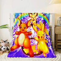 Pokemon flannel blanket featuring vibrant HD print with Pikachu characters, ideal for sofas or camping, offering warmth and style.