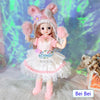 Fashion doll wearing a pink and white outfit with matching hat and boots, standing on fur rug with colorful background.