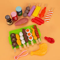 Kids Pretend BBQ Play Set with play food items and grill accessories for imaginative cooking fun.