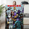 Roblox-themed winter sofa blanket with vibrant characters, held by a smiling person in a cozy living room setting.