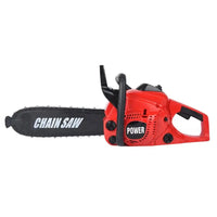 Red kids toy chainsaw for outdoor pretend play with realistic design for mini gardeners and little lumberjacks.