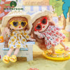 Mini piggy BJD dolls in summer outfits with heart-shaped sunglasses, enjoying a sunny day at the beach with playful poses.