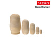 Five-layer blank wooden nesting dolls, perfect for crafts or painting, displayed in descending order against a white background.