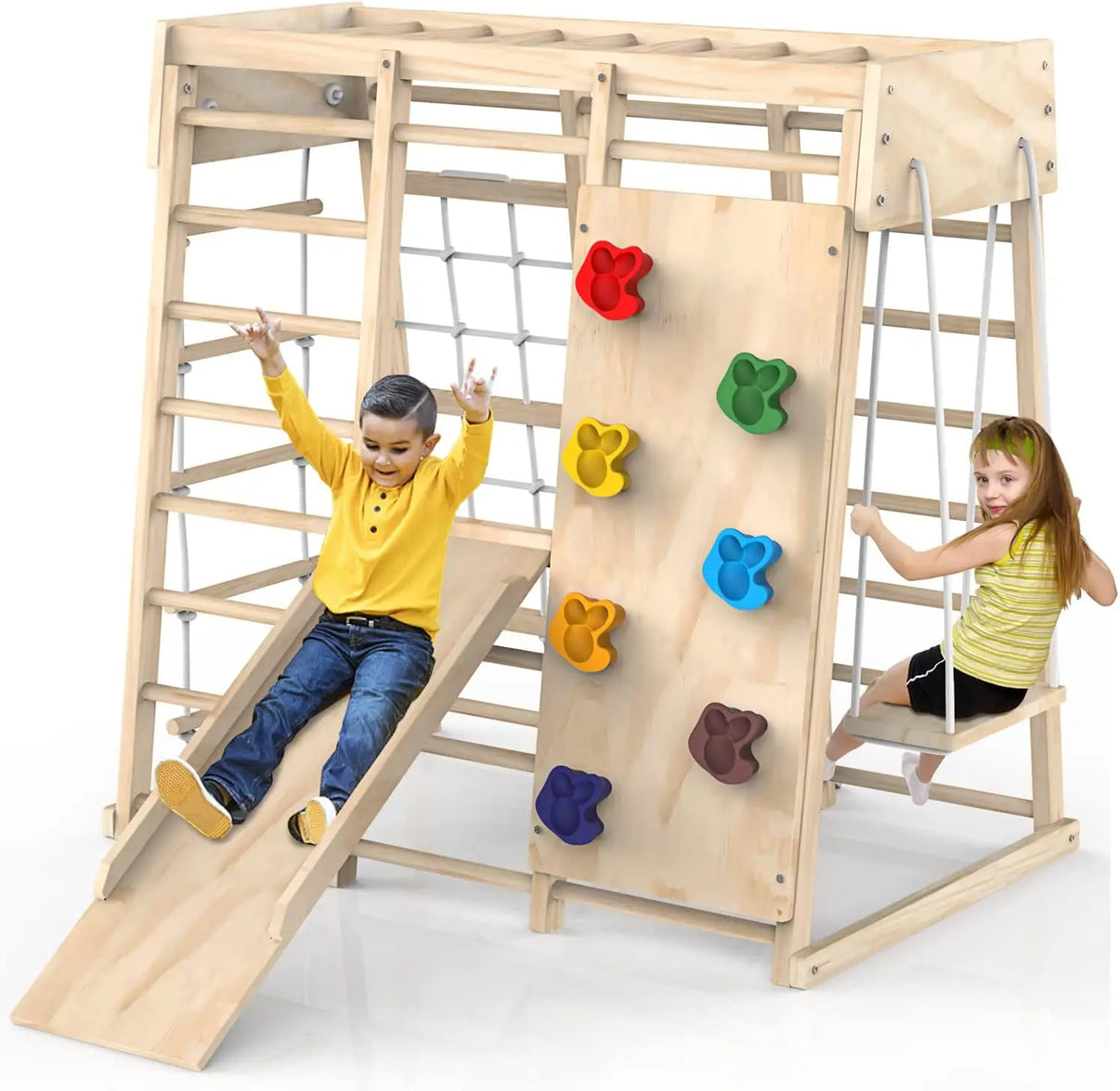 Toddler indoor jungle gym with slide and climbing frame, promoting physical activity and balance for kids aged 1-4.