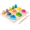 Montessori wooden shape sorting puzzle with magnetic fishing rod, colorful blocks, and cute fish figures for toddler education.