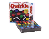 Qwirkle Wooden Board Game box with colorful shapes, promoting fun family strategy and educational play for kids and adults.