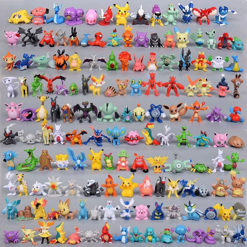 144 mini Pokemon figures set for collectors and kids, showcasing diverse characters in a colorful collection, each 2-3 cm tall.