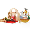 Wooden train and farm animal stacking toy set for kids, featuring barn, tractor, and vibrant animal blocks for creative play.