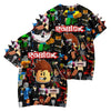 3D Roblox kids t-shirt with vibrant characters and dinosaur design, perfect for summer, featuring lightweight, breathable fabric.