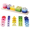 Montessori wooden shape sorting toy with colorful stacking blocks for early learning and development in toddlers.