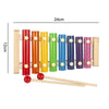 Colorful wooden xylophone with two mallets, featuring eight rainbow-colored keys, measuring 24cm by 12cm.