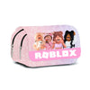 Roblox themed pencil case with cartoon characters and glittery pink design, perfect for students and fans of the virtual world game.