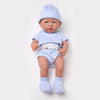 Lifelike 14-inch reborn baby doll in blue outfit with hat and booties, made of soft silicone for realistic play and easy cleaning.