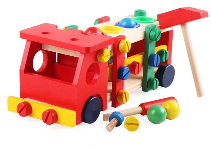 Wooden Montessori truck toy with colorful screws and balls, designed for motor skills development in children aged 3 and up.