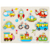 Montessori wooden puzzle with colorful vehicles for kids' educational play and cognitive development.