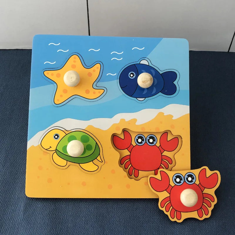 Montessori wooden puzzle with sea animals for toddlers, featuring a starfish, fish, turtle, and crab for educational play.