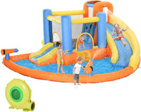 Kids enjoying inflatable water park with slide, climbing wall, trampoline, and splash pool in backyard.