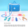 Wooden kids doctor play set with blue medical bag, stethoscope, toy tools, and accessories for pretend role play and learning.