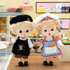 Mini Piggy BJD dolls in handmade outfits in a cozy kitchen setting, showcasing lifelike 14cm figures with 13 movable joints.