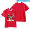 Red Roblox-themed 3D-printed t-shirt with vibrant cartoon graphics for kids, featuring short sleeves and a trendy Harajuku streetwear vibe.