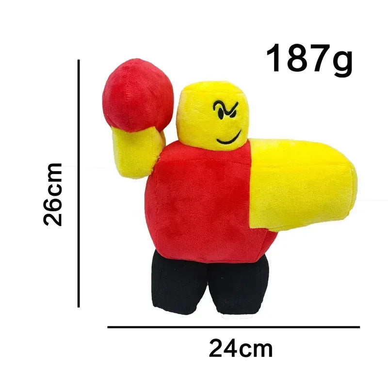 Roblox two-dimensional robot plush toy with vibrant red and yellow design, measuring 26cm by 24cm, perfect for kids' playtime.