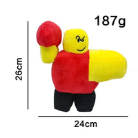 Roblox two-dimensional robot plush toy with vibrant red and yellow design, measuring 26cm by 24cm, perfect for kids' playtime.