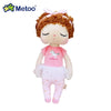 Metoo Angela Doll in pink outfit with curly hair and unicorn design, made of plush fabric, perfect for cuddling and gifting.