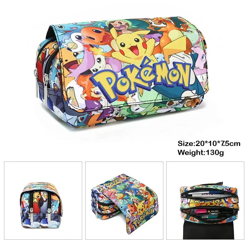 Colorful Pokemon-themed pen case featuring Pikachu and other characters, measuring 20x10x7.5 cm, perfect for school use.