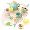 Wooden tea set for kids with teapot, cups, spoons, and accessories on a tray.