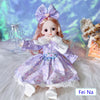 Fashion doll in purple dress with bow and lace, seated on fluffy surface with colorful backdrop.