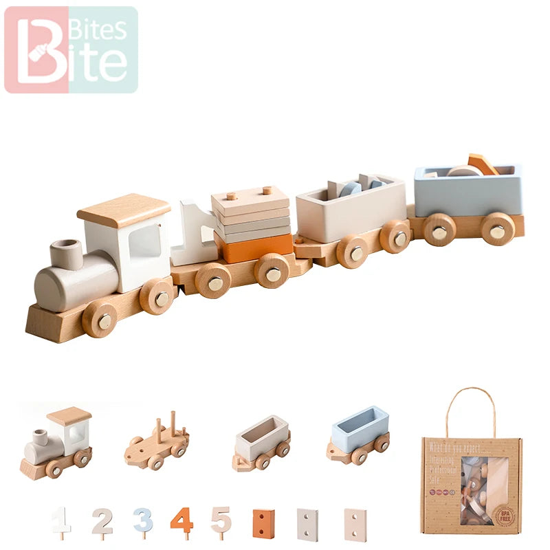 Wooden birthday train building blocks set for Montessori learning, featuring colorful stackable pieces for educational play.