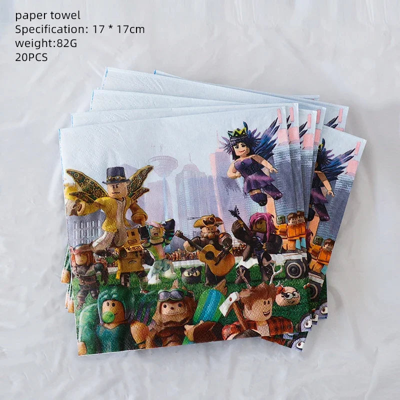 Roblox-themed paper napkins, 17x17cm, 20 pack, perfect for birthday party decorations and game-themed celebrations.