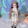 Fashion doll wearing a stylish ensemble with hat and scarf, standing on a decorative surface.